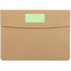 A beige laptop pouch featuring a flap closure and an area for a label. It has a smooth texture and includes a logo.