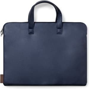 A navy blue document bag with a smooth finish and two handles, featuring a zip closure and a branding logo.