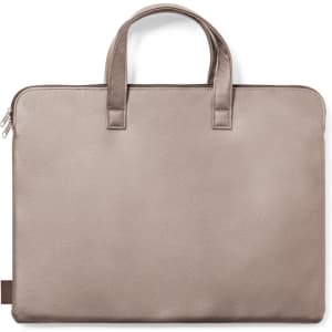 A taupe document bag with two handles and a smooth texture, featuring a zip closure and a logo.