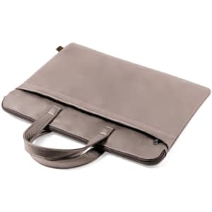 A grey document bag with a smooth texture and two handles, featuring a zip closure on the top.