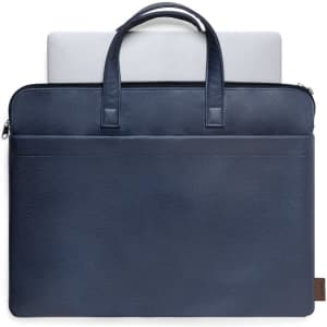 A navy document bag with handles, featuring a zip closure and a front pocket, holding a laptop.