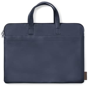 A navy document bag with a textured finish and two handles, featuring a zip closure and a front pocket.