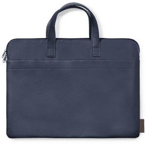 A navy document bag featuring two handles and a smooth texture, equipped with a zip closure and a branding logo.