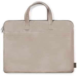 A light grey document bag with two handles and a zip closure, featuring a sleek design and one exterior pocket.
