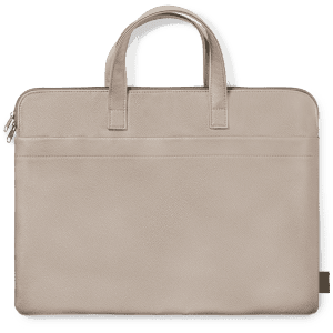 A beige document bag with two handles and a zip closure, featuring a textured surface and a brand logo.