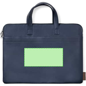 A navy blue document bag with two handles and a flat front pocket, featuring a logo.
