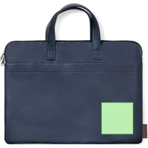 A navy document bag with two handles, featuring a front pocket and a logo area.