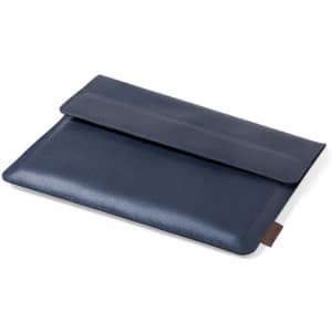 A navy blue laptop pouch with a flap closure and a branding logo. It features a smooth texture.