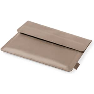 A tan laptop pouch with a fold-over flap and a small branding logo on the side.
