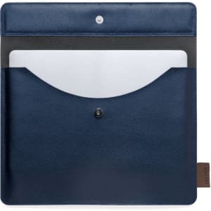 A navy laptop pouch with a smooth finish, featuring a flap closure and inner compartment for a laptop.