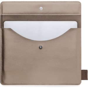 A beige laptop pouch featuring a snap closure and a sleek design with a front pocket. It has a logo on the side.