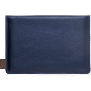 A navy laptop pouch with a smooth finish and a brown accent. It features a logo but no text.