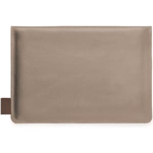 A laptop pouch in a beige-toned material with a small tab on one side and logo branding.