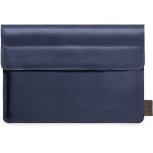 A navy laptop pouch with a sleek design and a subtle branding label.