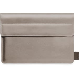 A grey laptop pouch featuring a smooth texture and a flap closure, with a logo on the side.