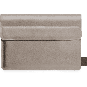 A sleek beige laptop pouch featuring a smooth texture and a front pocket, with branding visible.