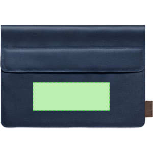 A navy laptop pouch made from leather featuring a slot and a small logo tag.