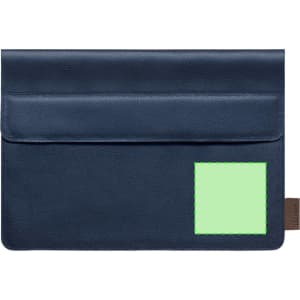 A navy laptop pouch featuring a smooth exterior and a small branding label. It includes a pocket on the front.