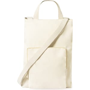 A cream-coloured laptop pouch featuring a shoulder strap and front pocket, with a logo on the front.