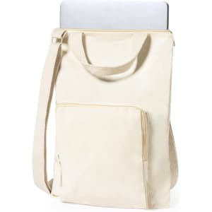 A beige laptop pouch with a shoulder strap and a front pocket, holding a silver laptop. It features a logo.