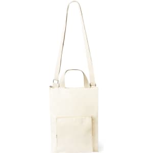 A cream-coloured laptop pouch with a shoulder strap and a front pocket, featuring a branding logo.