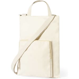 A cream laptop pouch with a shoulder strap and a front pocket, featuring a logo.