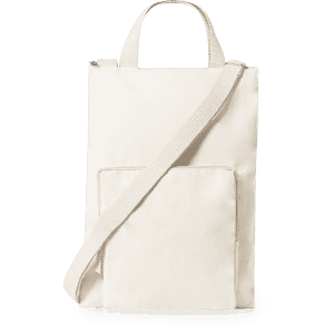 A light beige laptop pouch with a shoulder strap and front pocket. It features a logo on the front.