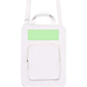 A white laptop pouch with a front zip pocket and a strap, featuring a blank area for branding.