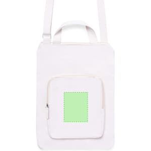 A white laptop pouch with a front zipper pocket and an adjustable strap, featuring an area for branding.