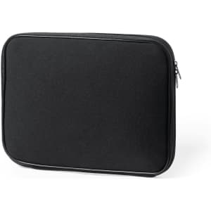 A black laptop pouch with a zip closure and a smooth exterior, featuring a logo on the front.
