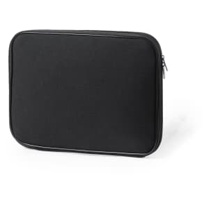 A laptop pouch in black, featuring a zip closure and simple design, suitable for carrying laptops.
