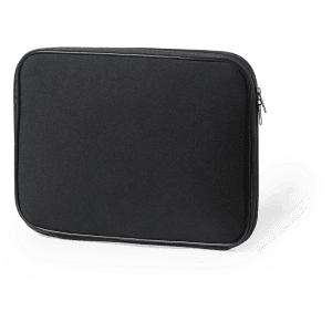 A black laptop pouch with a zip closure, featuring a simple design and branding logo.