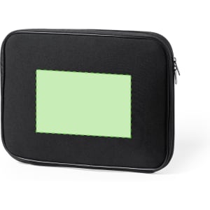 A black laptop pouch with a green stitched rectangular patch, featuring a zip closure.