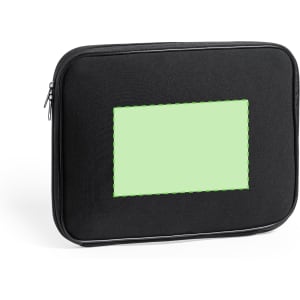 A black laptop pouch featuring a green panel, equipped with a zip closure and a logo.