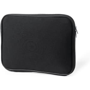 A black laptop pouch with a zip closure, featuring a smooth surface and a subtle logo.