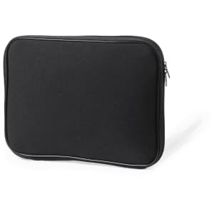 A black laptop pouch with a zipped closure and a sleek design, featuring a subtle branding logo.