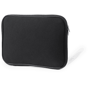 A black laptop pouch with a zip closure and a smooth exterior, featuring a logo on the front.