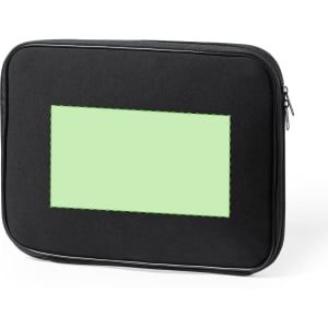 A black laptop pouch with a green accent and a logo, featuring a zip closure and a smooth finish.