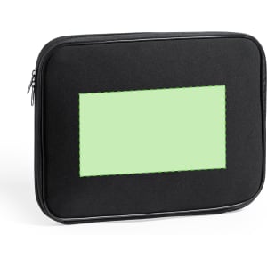 A black laptop pouch with a light green rectangular patch and a zip closure. It has a logo on the front.