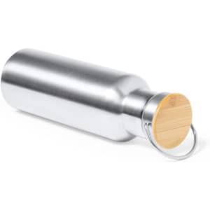 A drink bottle in silver stainless steel with a bamboo lid and metal ring.