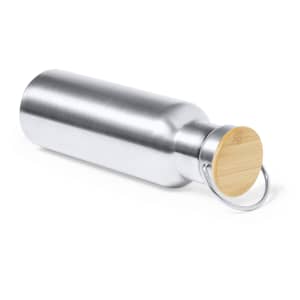 A drink bottle with a sleek stainless steel body and a bamboo cap, featuring a metal loop for easy carrying.