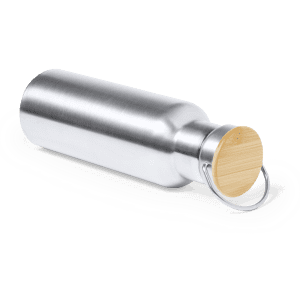A drink bottle with a sleek silver stainless steel design and a wooden lid, featuring a metal ring.