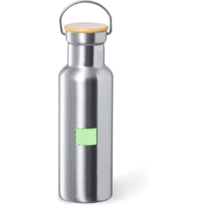 A drink bottle in stainless steel with a wooden lid and a branding area. Features a sleek, modern design.