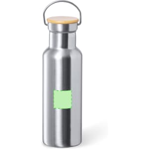 A drink bottle in stainless steel with a wooden lid and a handle, featuring a blank section for branding.