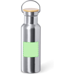 A drink bottle with a stainless steel body, wooden lid, and a placeholder for a logo or design.