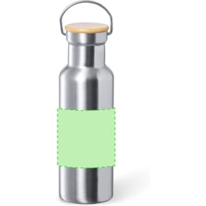 A drink bottle featuring a stainless steel body, bamboo lid, and a green label area for customisation.
