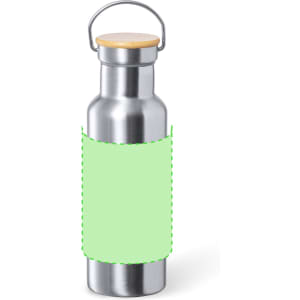 A drink bottle with a stainless steel body, wooden lid, and a mint green sleeve for easy grip.