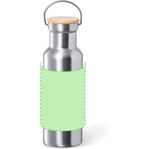 A drink bottle made of stainless steel with a wooden lid and a green sleeve for branding.