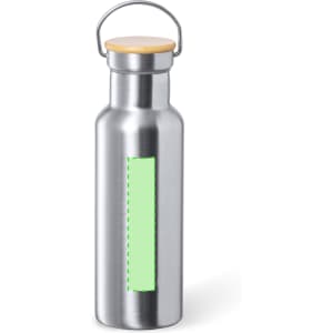 A drink bottle featuring a stainless steel body, a bamboo lid, and a green accent strip. It has a logo.