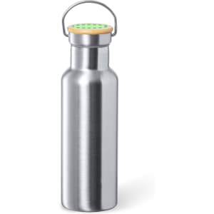 A drink bottle in a sleek silver finish with a bamboo and green top, featuring a handle and a logo.